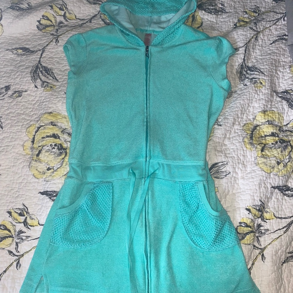 Turquoise Hooded Towel Zip-Up Dress with Pockets